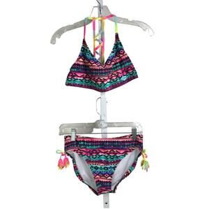 Hilor Bikini Girls Size 14-16 Multicolor  Back Strap 2 Piece Swimsuit Geometric